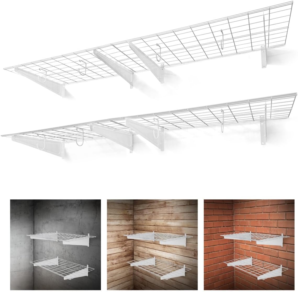 Fencer Wire 72 in. W x 18 in. D Wall Mounted Garage Wall Shelving w/ 4 Hooks, White Wall Shelf, Heavy Duty Garage Wall Storage System, Garage Organizer Floating Shelves, 1000lb Weight Capacity