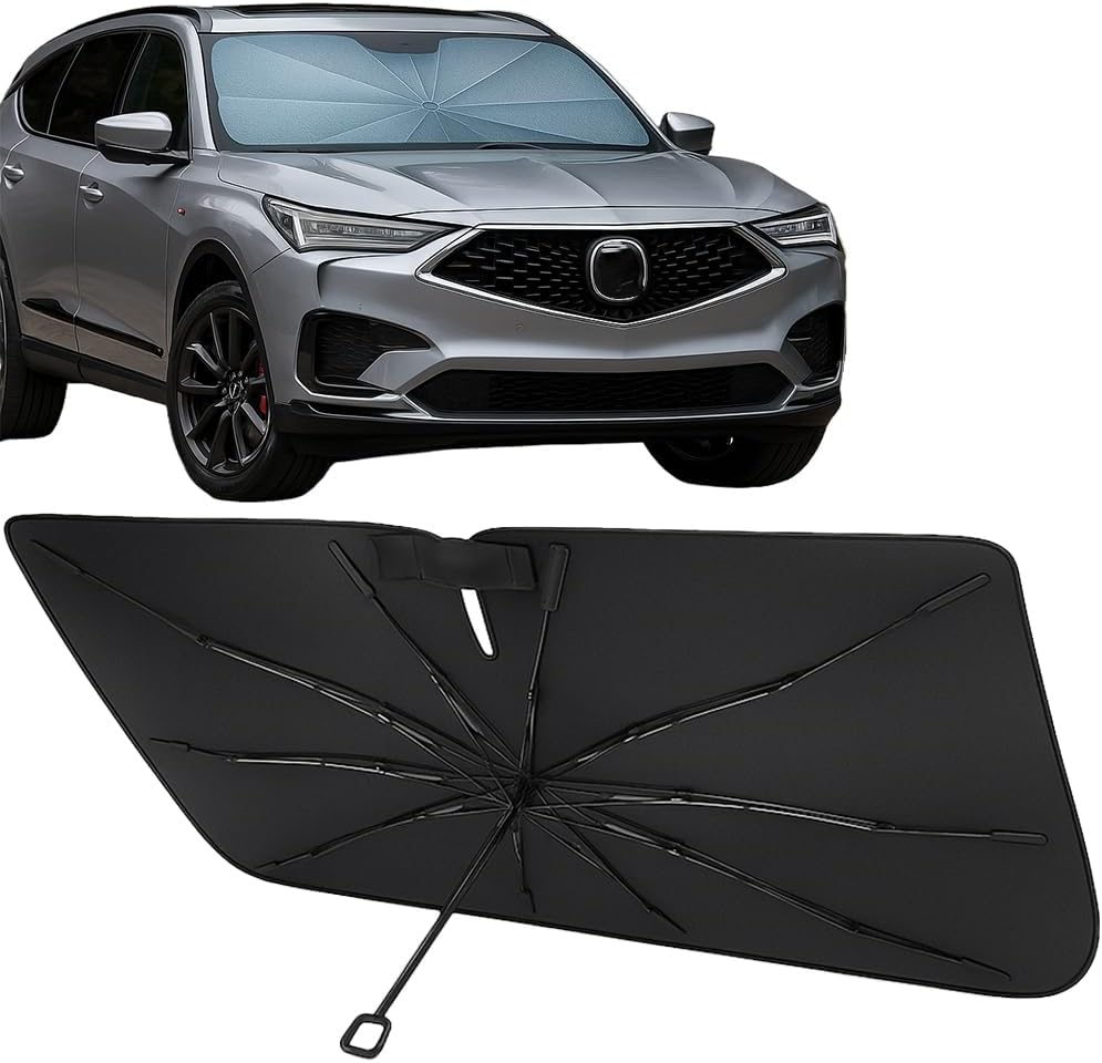 Proadsy Windshield Sun Shade Umbrella for Acura MDX 2022-2025 2026 Foldable Car Umbrella Sunshade with Soft TPU Handle Spring Structure Crystal Cooling Material Protect Car from Rays & Heat