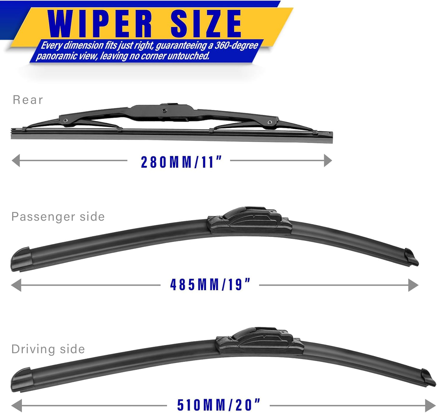 3 wipers Replacement for 1997-2001 Honda CR-V CRV, Windshield Wiper Blades Original Equipment Replacement - 20"/19"/11" (Set of 3) U/J HOOK