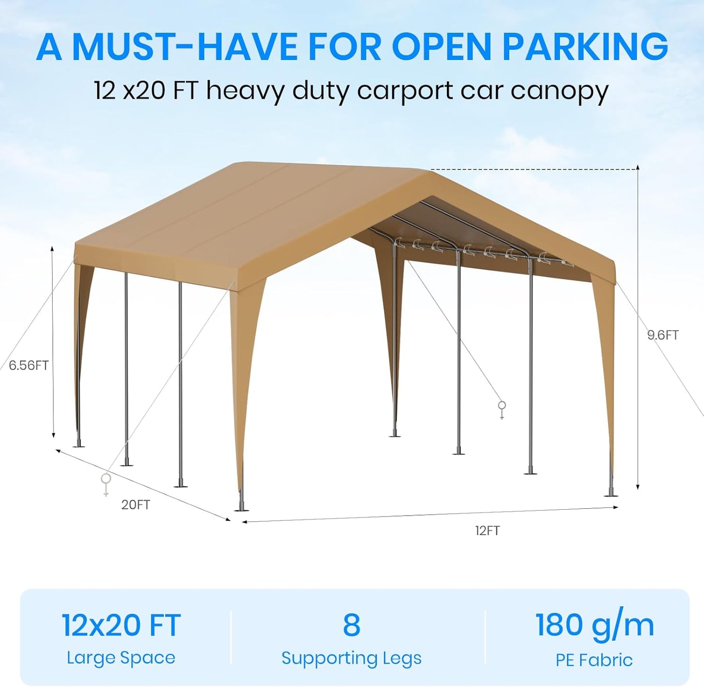 Carport 12x20 Heavy Duty Portable Garage,Galvanized Frame Carport Canopy,Portable Garages and Shelters with 8 Leg&4 Wind Rope,Car Tent Garage with All-Season Tarp for Truck Boat,Without Sidewall