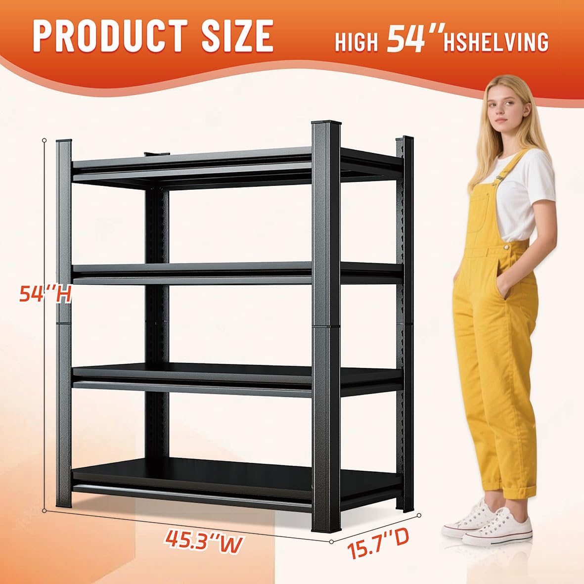 54''H Heavy Duty Metal Shelving Unit, 2000 lbs Total Capacity, Dual-Layer Column, Tool-Free Assembly, All-Steel Construction for Garage, Warehouse, Basement,45.3''W x 15.7''D x 54" H