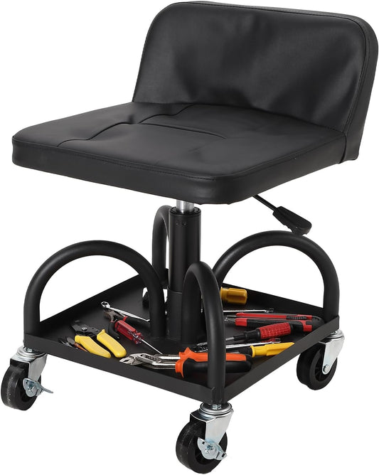 Garage Stool, 19”-25” Adjustable Rolling Mechanic Stool with Universal Wheels, Removable Magnetic Tool Tray, 300LBS Capacity, Roller Creeper Seat, Shop Chair