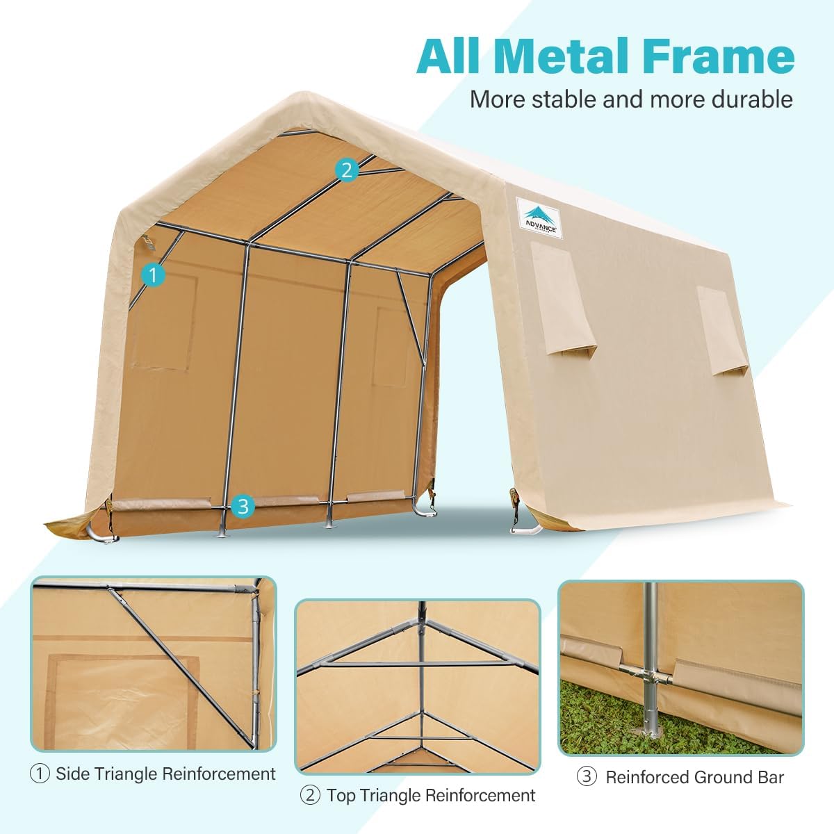 ADVANCE OUTDOOR 10x15 ft Shelter Storage Shed Steel Metal Peak Roof Portable Garage Carports for Motorcycle, Boat or Garden Tools with 2 Roll up Doors & Vents, Beige