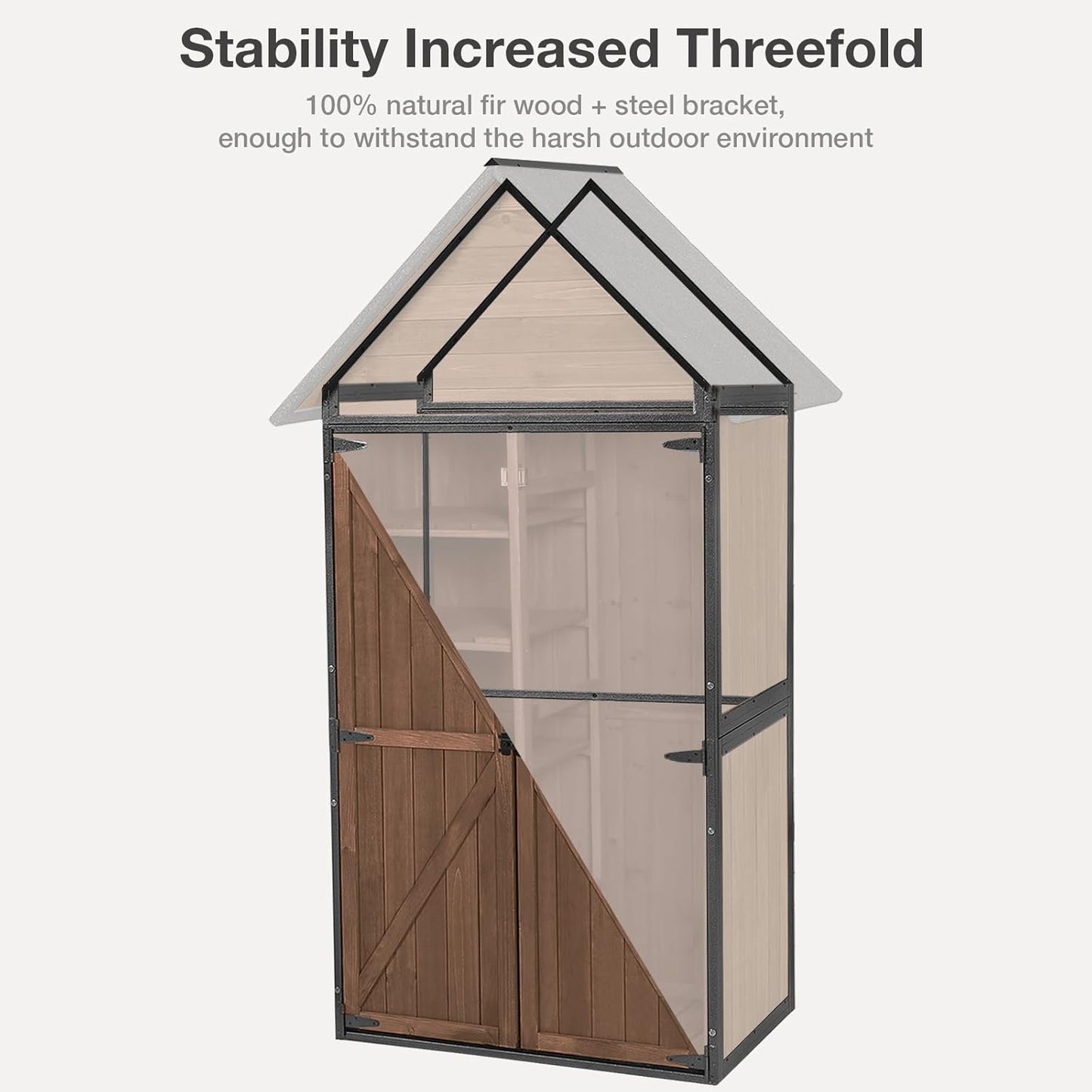 Outdoor Storage Shed with Floor and Waterproof Roof - Metal Framed Tool Cabinet with Adjustable Shelves - Double Lockable Doors for Backyard, Garden, Patio (Deep Brown)