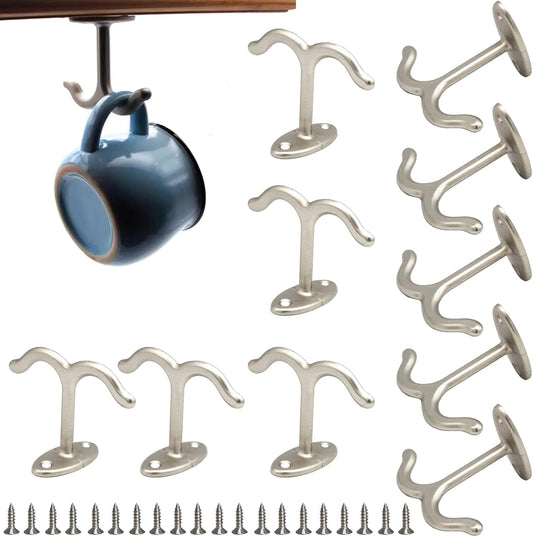 10 Pcs Zinc Alloy Ceiling Double Hook Cabinet Wardrobe Coat Towel Hat Hook Hooks Under Cabinet Shelf (Matte Silver)