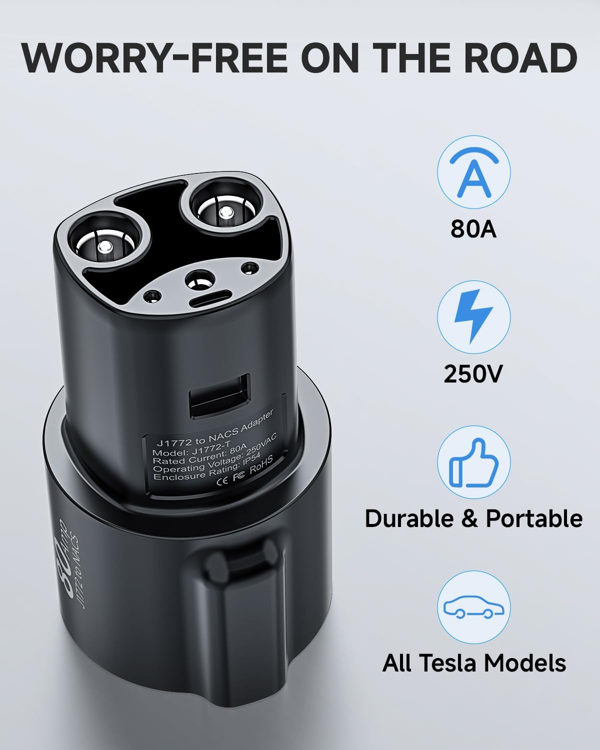 Fondwell J1772 to Tesla Charger Adapter: Compatible with Tesla Model Y/3/X/S/Cybertruck - Fast EV Charging Plug Adaptor with 250V 80Amp for Level 1 and Level 2 Chargers (Black)