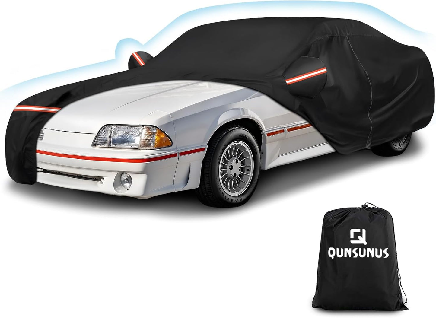 QUNSUNUS Waterproof Car Cover for Ford Mustang 1979-1993, Outdoor Car Covers with Zipper, All Weather Full Exterior Cover with Straps and Elastic Edges for Wind, Sun, UV and Dust Protection