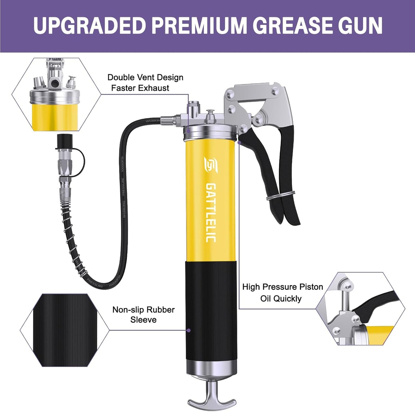 8000 PSI Heavy Duty Grease Gun Kit - 14oz with Flex Hose, Sharp Nozzle, Extension Pipe & Coupler, Yellow