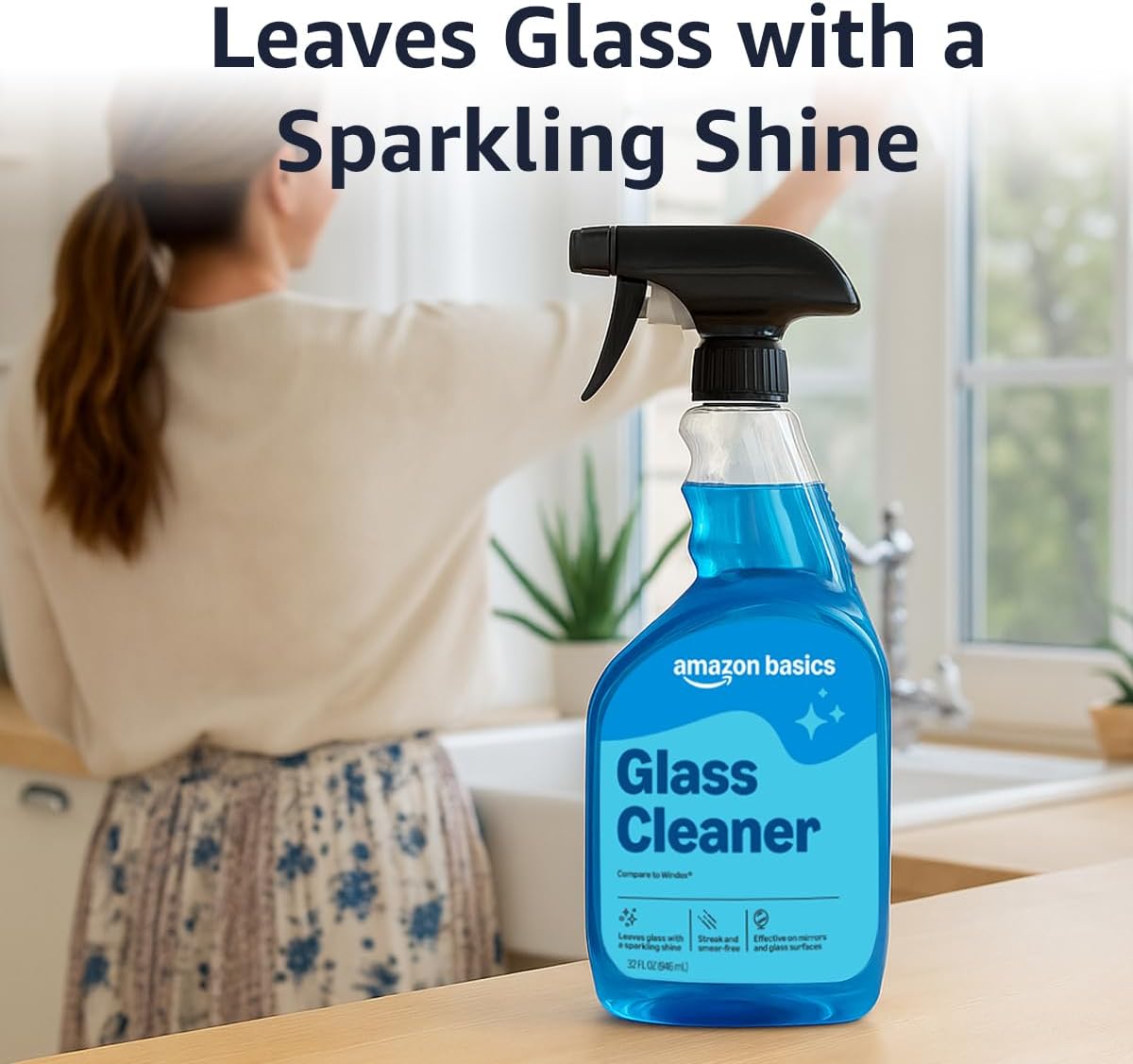 Amazon Basics Glass Cleaner, 32 Fl Oz, Pack of 2 with 1 Sprayer
