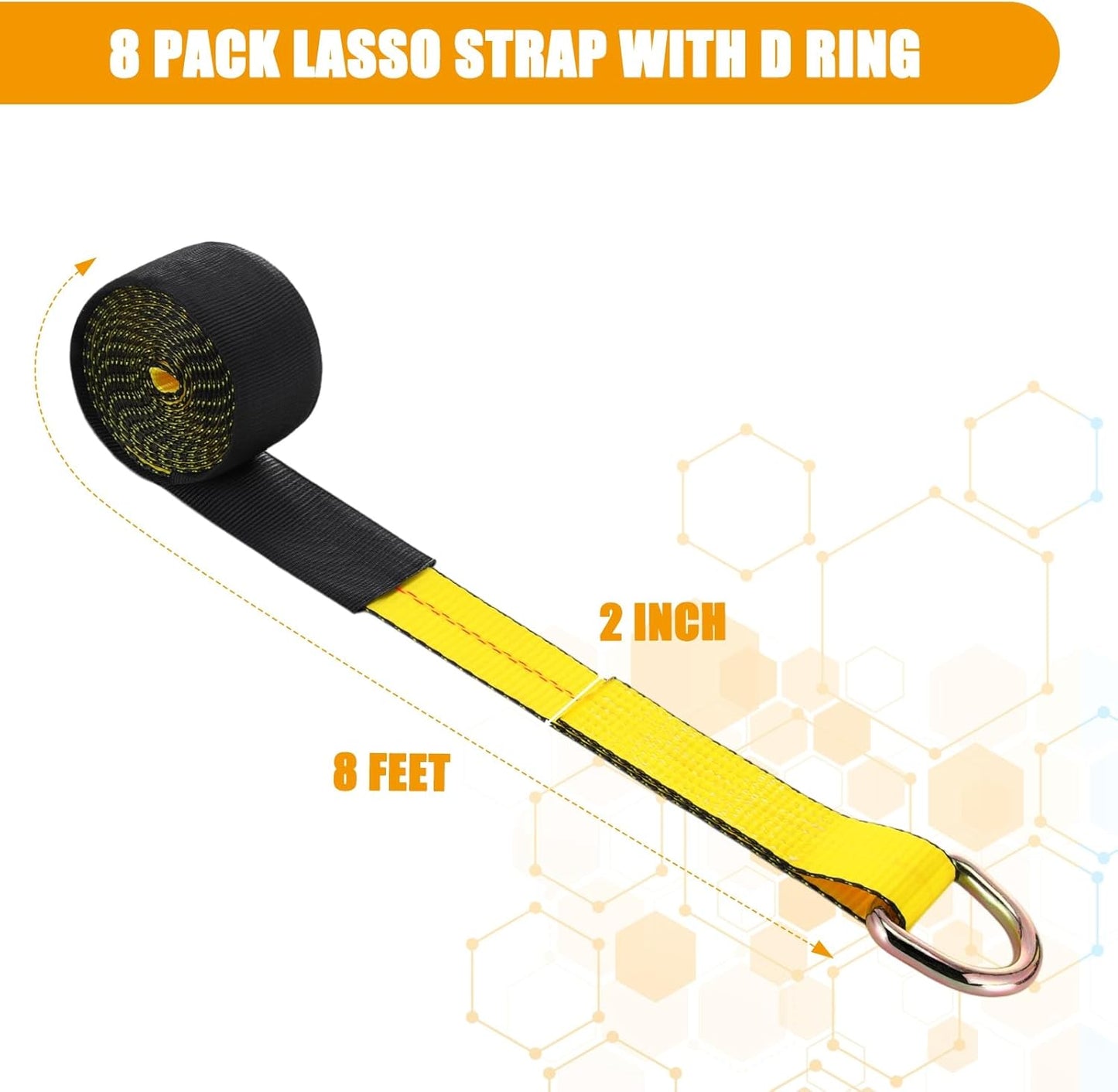 8 Pack 2" x 8ft Tow Truck Straps Lasso Wheel Lift Straps Lasso Tow Strap with D Ring 11, 000 Lbs Break Strength Auto Tie Down Auto Hauler for Trailer Truck Tie(Yellow)