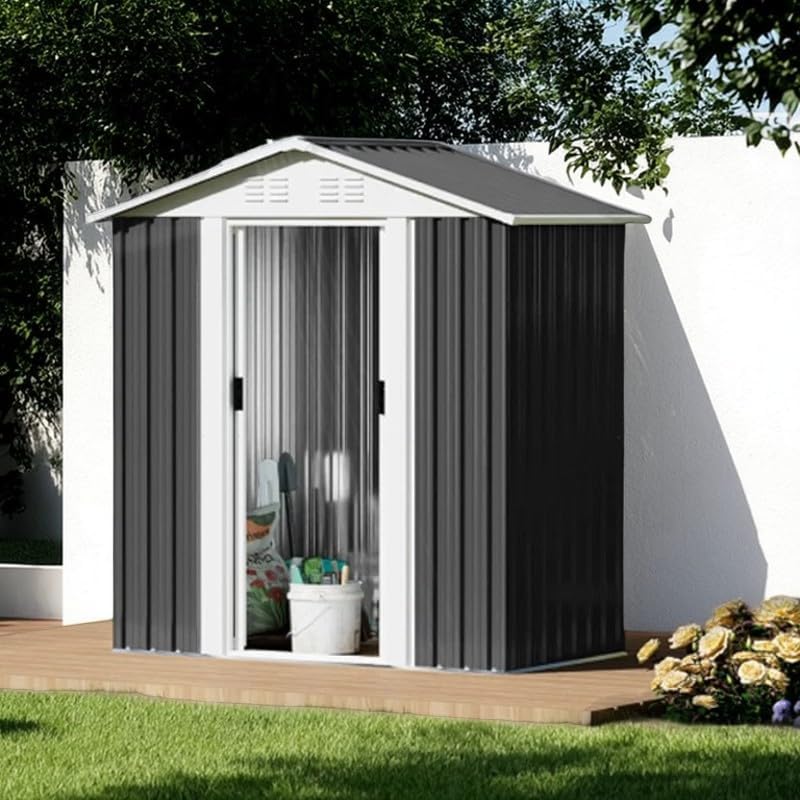 5X3 FT Outdoor Storage Shed with Floor Base, Waterproof Metal Garden Sheds w/Lockable Sliding Doors and Vents, Weather Resistant Tool Storage House for Backyard, Patio, Lawn, Dark Grey