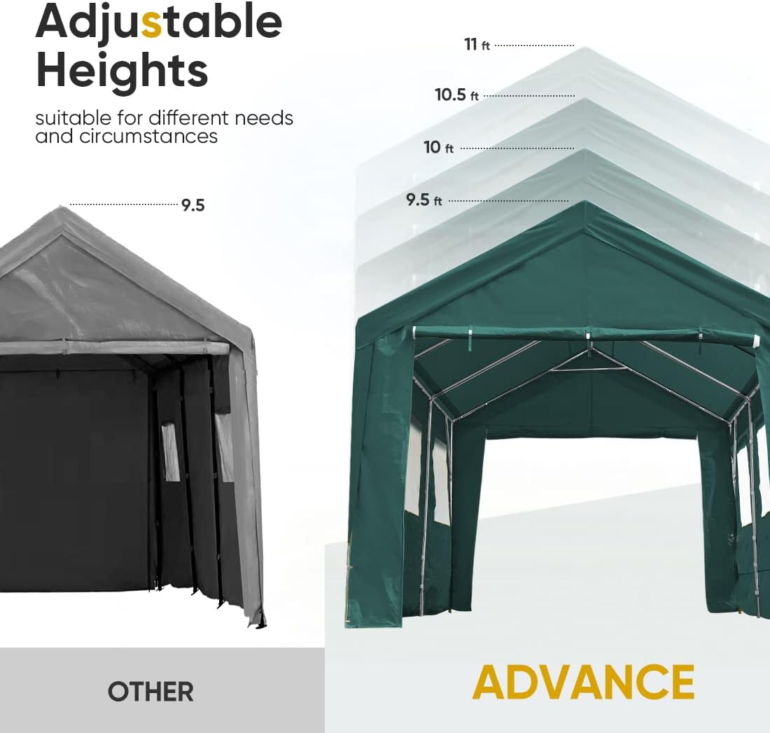 ADVANCE OUTDOOR 12x20 ft Car Canopy Garage Heavy Duty Carport Boat Shelter Party Tent, Adjustable Peak Height from 9.5ft to 11ft, with Removable Window Sidewalls and Doors, Green