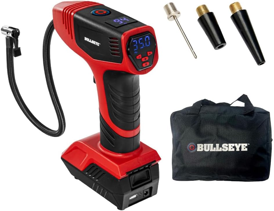 Bullseye Pro Automatic Digital Tire Inflator 150 PSI Max w/Gauge Display Screen & Pre-set Pressure in KPA, PSI, BAR, kg/cm, Built-in LED Lights, Rechargeable, Air Compressor, Car Tire Pump