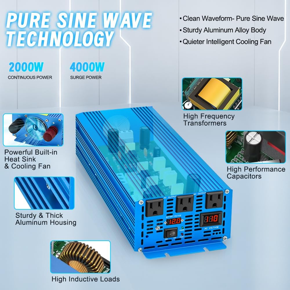 LVYUAN 2000 Watt Pure Sine Wave Inverter 24V to 110V 120V DC to AC with 3 AC Sockets, LED Display, Car Power Inverter for Vehicles Home RV Camping Truck Solar System