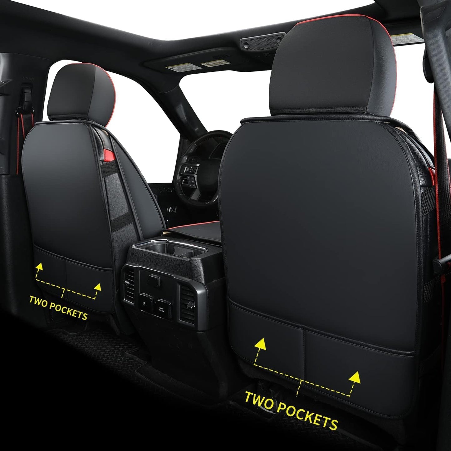 LUCKYMAN CLUB F150 Faux Leather Seat Covers Fit for 2015-2025 F150 and 2017-2025 F250 F350 F450 Pickup Trucks(Full Set, Black&Red)