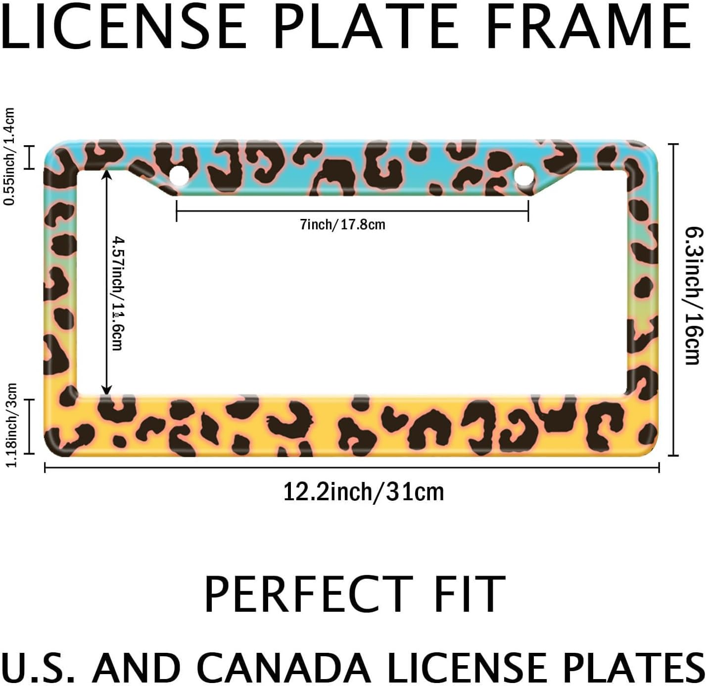 Blue Yellow Leopard License Plate Frame, Cheetah Leopar Print Car Accessories Car Tag Frame, Rust-Proof Waterproof Metal Aluminum License Plate Holder for Women Men 2 Holes with Screw Caps