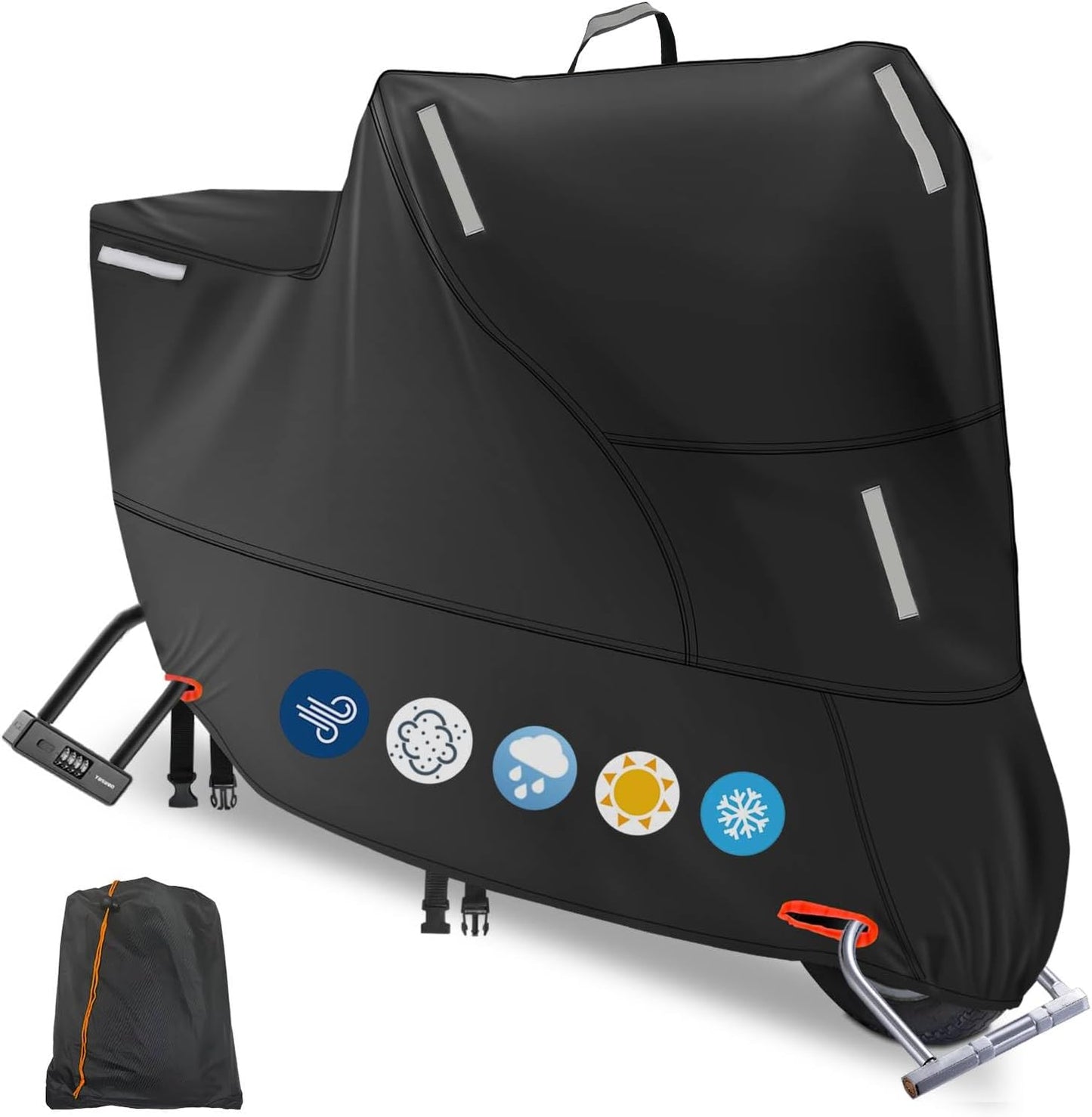 Waterproof Motorcycle Cover Outdoor, Motorbike Scooter Moped Rain Dust Cover with 5 Reflective Strips and 2 Windproof Buckles, 2 Lock-Holes for Cruisers Sportbikes (4XL: 116 x 37 x 55 inch)