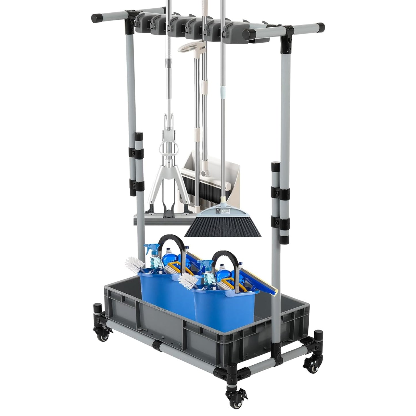 Broom and Mop Holder Freestanding Mobile Cleaning Tool Storage Rack,Floor Standing Cleaning Tool Cart Storage for Garden Garage Schools, Hospitals