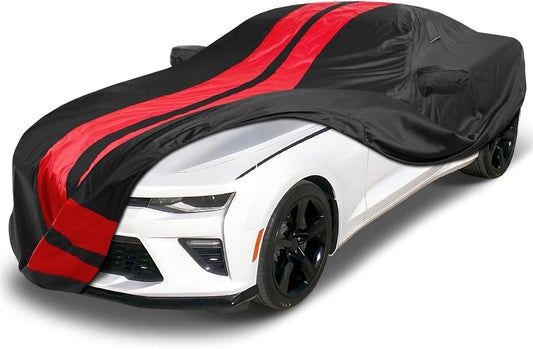 iCarCover Custom Car Cover Compatible with Camaro 2010-2023, Waterproof All Weather Rain Snow UV Sun Protector Full Exterior Indoor Outdoor Car Covers, Stripe (Black/Red)