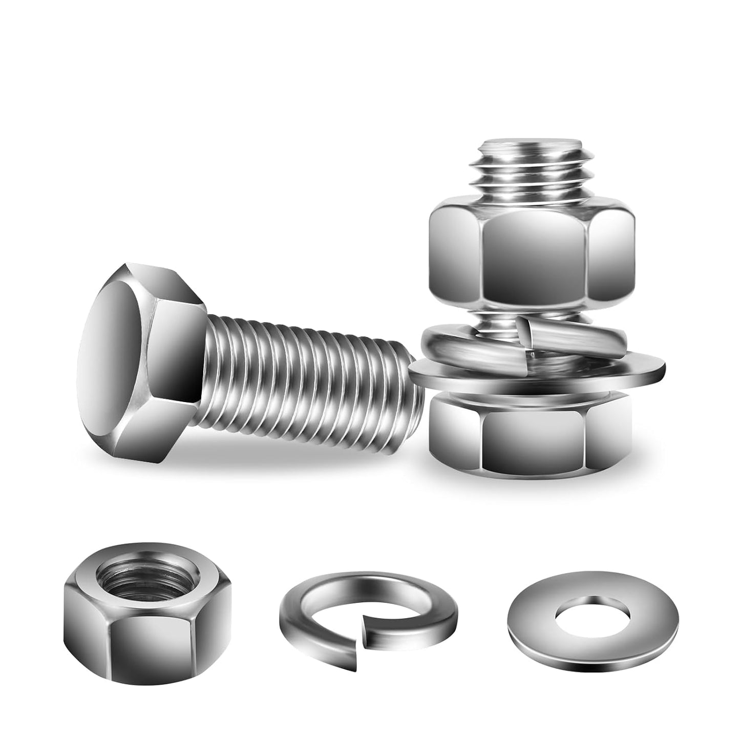 1/4-20 x 1" Hex Head Screw Bolt, Nuts, Flat & Lock Washers, 10Pcs 18-8 (304) Stainless Steel, Fully Threaded, by SG TZH