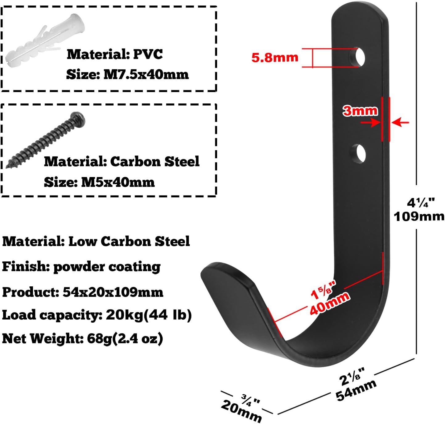 10 Pack Black Steel J Hook, 4-1/4" x 2-1/8" Wall Mount Utility Hook for Hanging Garage Storage