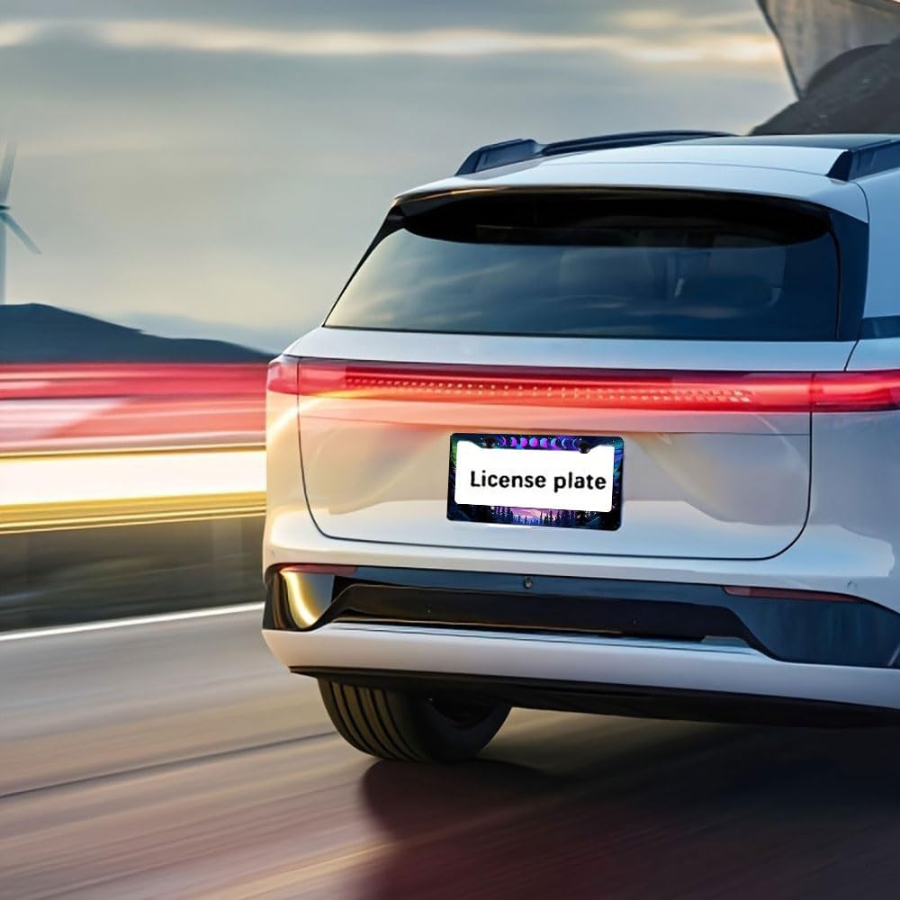 1Pcs Moon and Forest License Plate Frame, Purple Forest Moon License Plate Cover Tag Plate Bracket Holder for Men and Women (Moon Phases Aurora Forest)