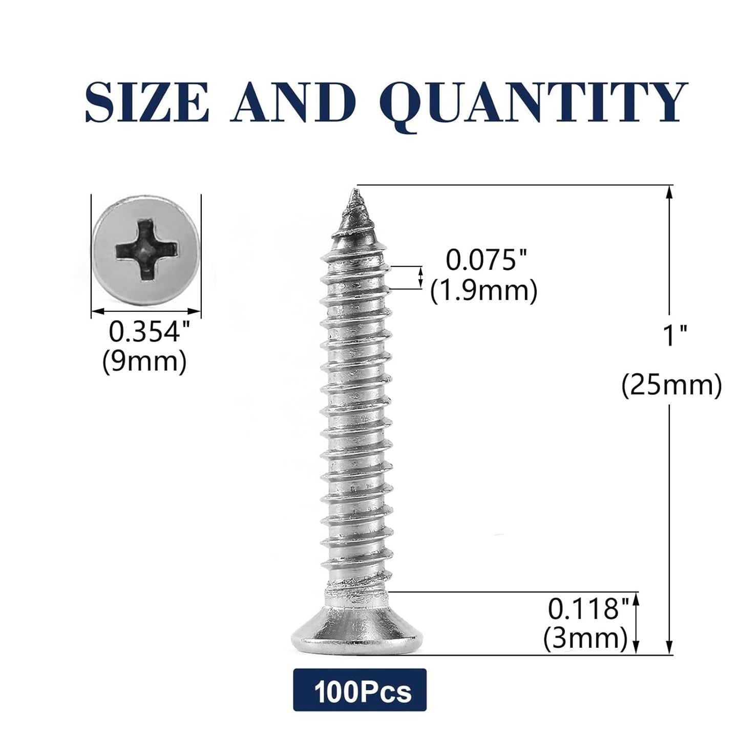 #10 x 1" Wood Screw 100Pcs 18-8 (304) Stainless Steel Screws Flat Head Phillips Fast Self Tapping Drywall Screws by SG TZH