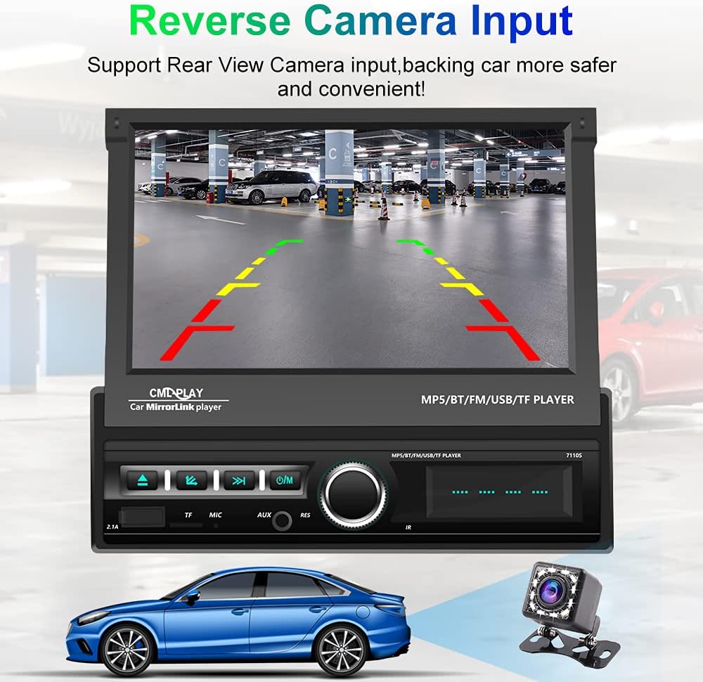 Hikity Single Din Touchscreen Car Stereo 7 Inch Touch Screen Car Radio, Automatic Flip Out Sceen Car Stereo with FM Radio, Bluetooth, Mirror Link, EQ, USB/TF/AUX Input, SWC, Backup Cam