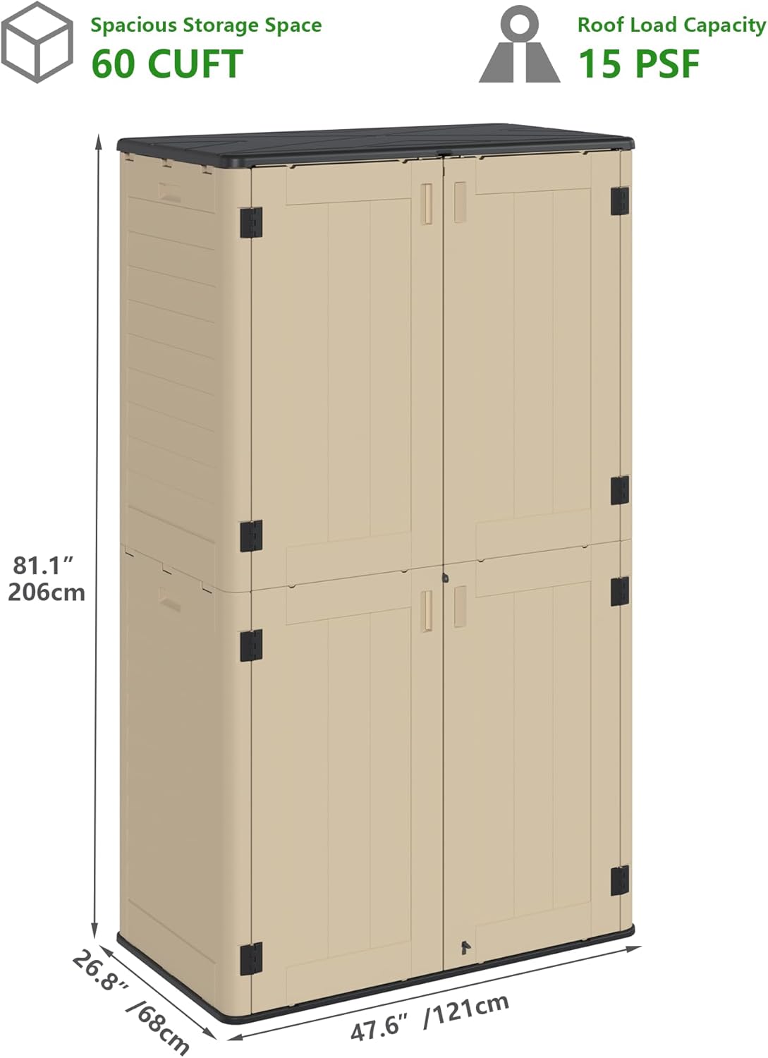 60 Cu.Ft Vertical Outdoor Storage Shed, Weatherproof Outdoor Tall Cabinet, Lockable Resin Shed with Double-Wall Panels and Floor for Garden, Garage, Patio(Shelves Not Included)