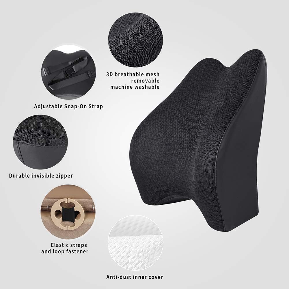 Memory Foam Lumbar Support Pillow for Car - Back Support for Car Seat (Black)