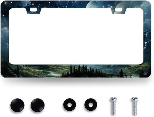 Watercolor Sky Clouds License Plate Frame Beautiful Stars Forest License Plate Holder Stainless Steel Colorful Car Accessory Funny License Plate Decoration Size 12.2"x6.2" with Screws