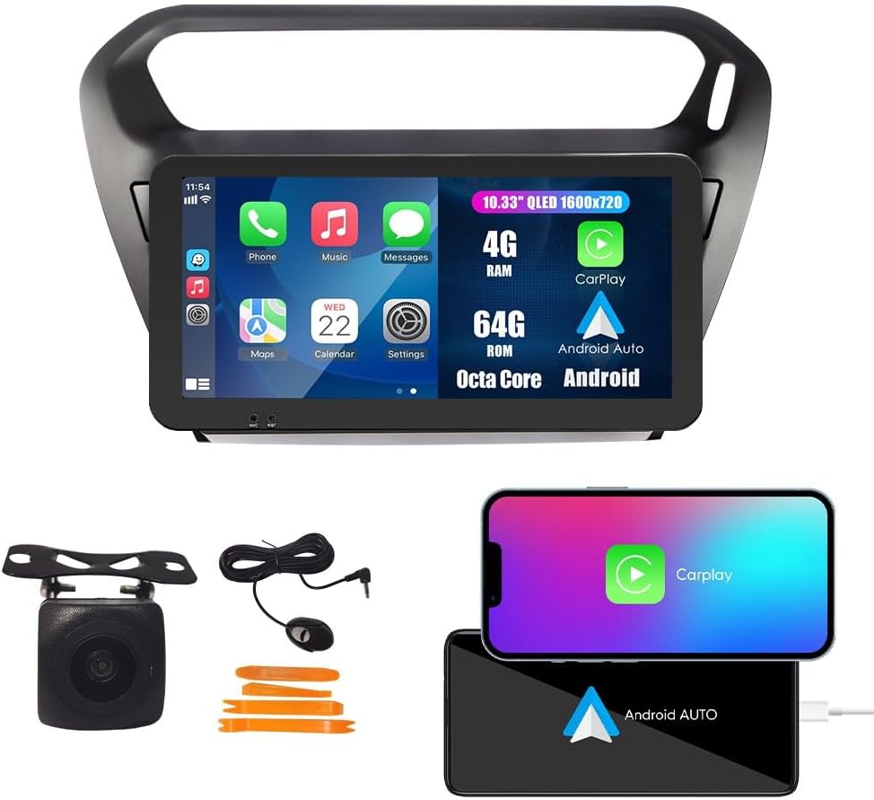 Kunfine Car CarPlay Android Auto Navigation Stereo GPS Radio Camera Display 10.33" QLED Touchscreen Headunit Tablet Media Player for Peugeot 301 2013-2022, if Applicable Octa Core 4G+64G Matte Black