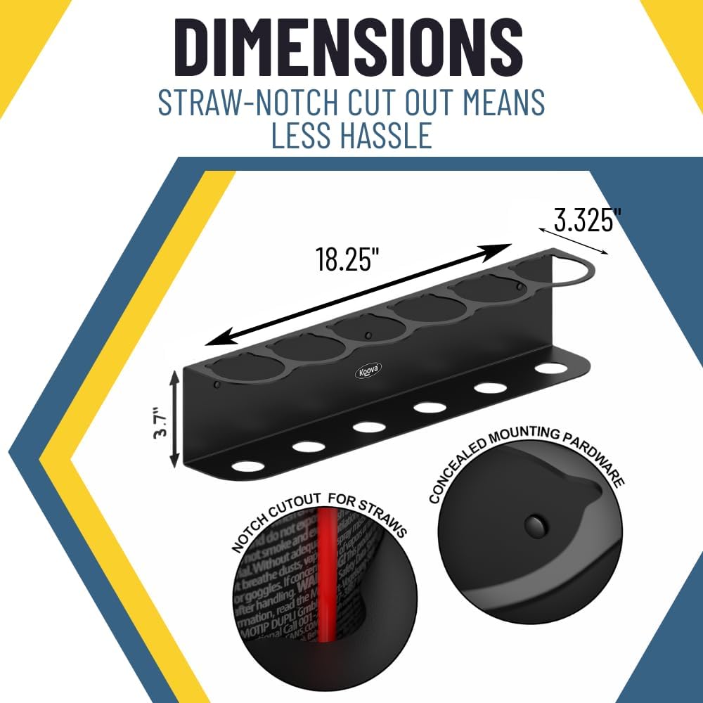 Koova 6 Aerosol Spray Can Holder | Easy Install Wall Mount | Heavy-Duty Powder Coated Steel Storage Rack for Garage & Home | Craft Workspace Paint Bottle Organizer | Hardware Included | USA Made