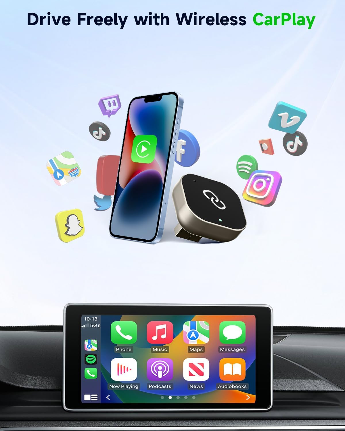 Wireless CarPlay Adapter – 2025 Upgraded Mini Design, Fast Pairing, Stable Connection, USB & Type-C Extension Cable Included, Compatible with iOS 10+