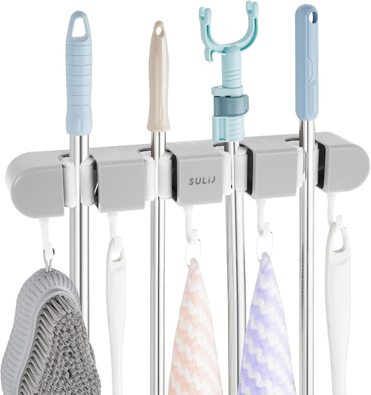 3PCS Broom Mop Holder with Hooks Wall Mounted Broom Storage Rack No Drilling Self-Adhesive Mop Broom Organizer Mop Holder Hanger for Bathroom Office Kitchen Closet Garage,Grey (3)