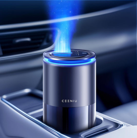 Ceeniu Car Air Freshener CF12 Pro, Smart Ultrasonic Diffuser, Enlarged Spray Nozzle, Auto On/Off, 3 Modes, Ambient Light, 700mAh Built-in Battery, Perfume Natural Fragrance for Women, Lasts 4 Months