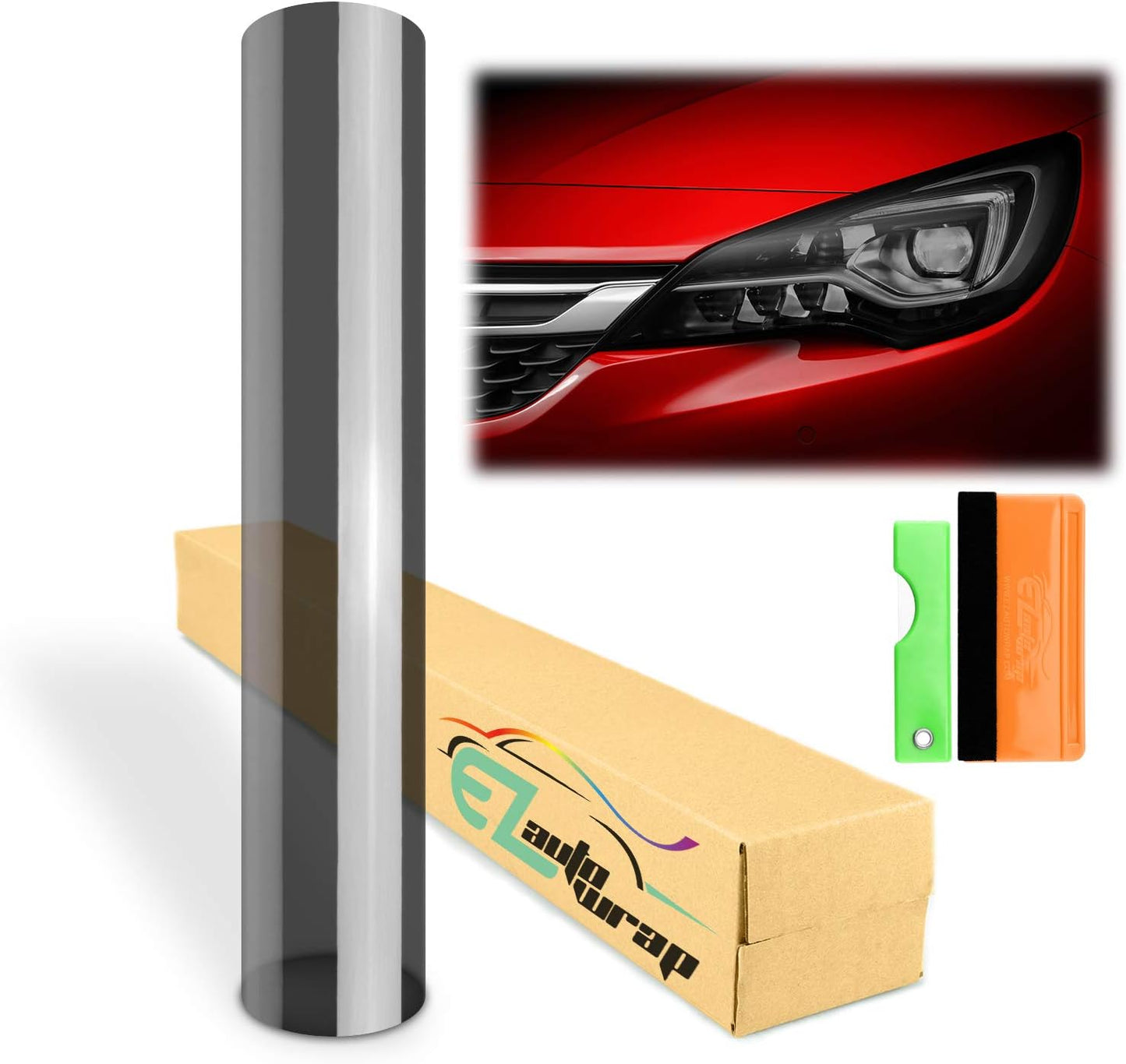 EZAUTO WRAP Free Tool Kit 12"x360" (1FT x 30FT) Glossy Medium Black Smoke Headlight Taillight Fog Light Side Marker Vinyl Tint Film Self Adhesive