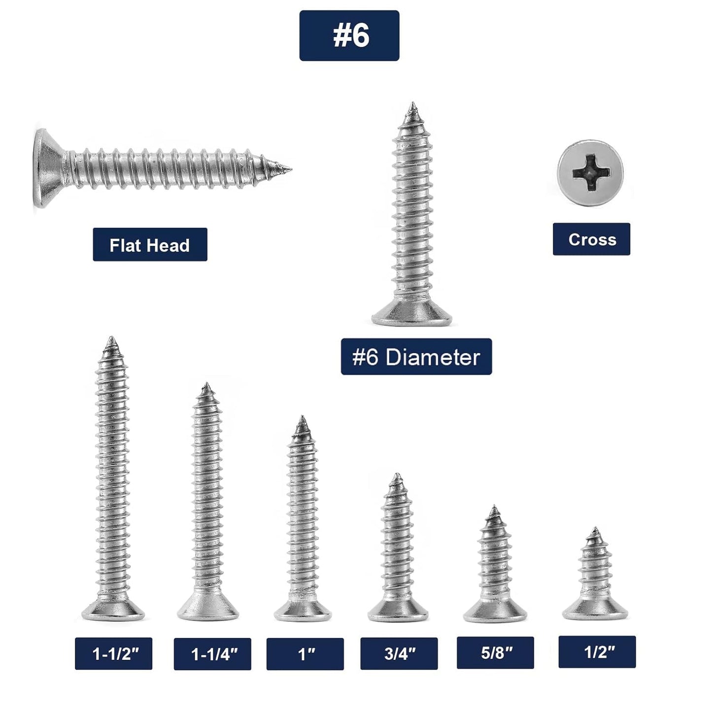 #6 x 1/2" Wood Screw 100Pcs 18-8 (304) Stainless Steel Screws Flat Head Phillips Fast Self Tapping Drywall Screws by SG TZH