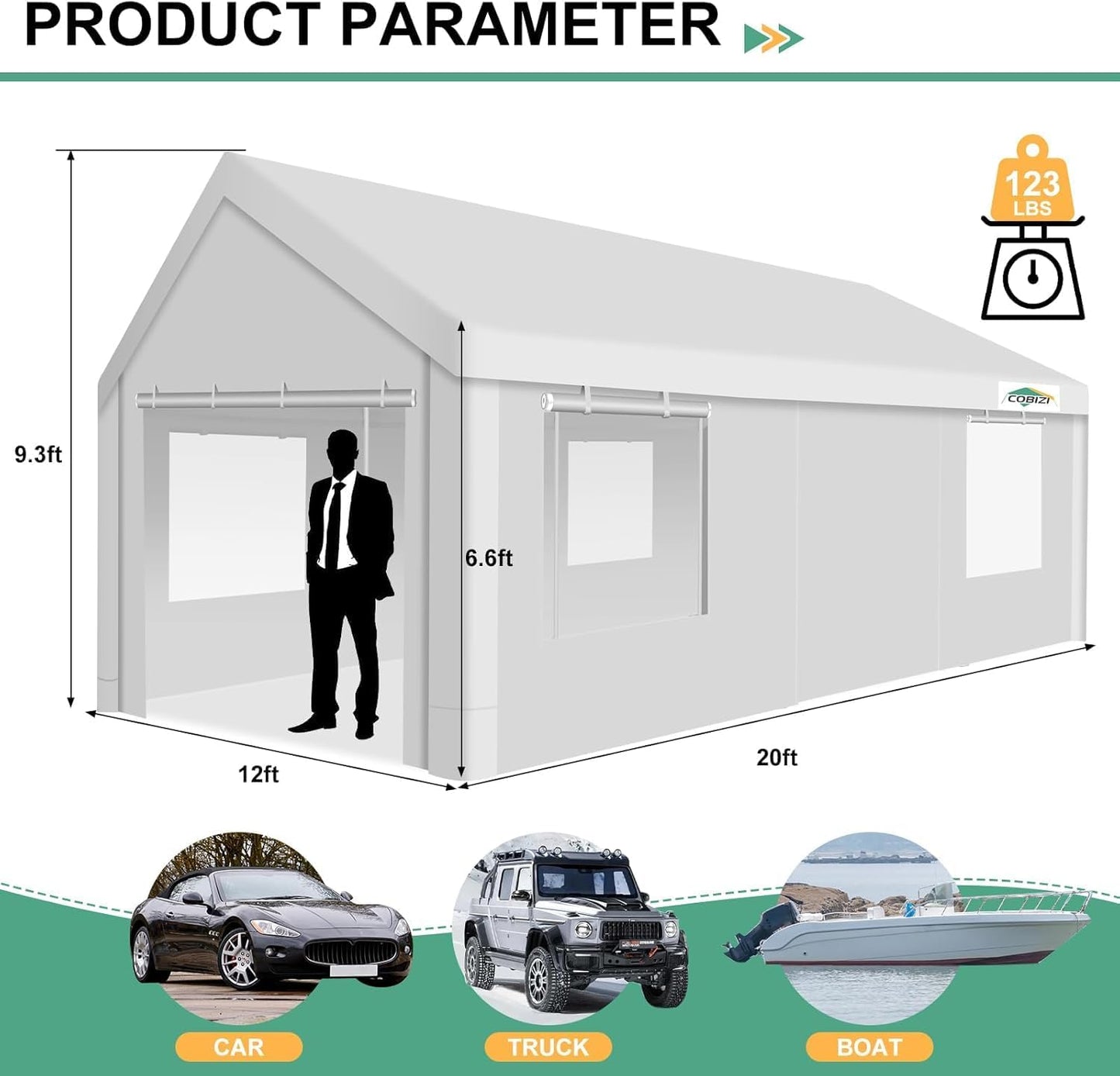 COBIZI Carport 12x20ft Heavy Duty Portable Garage, 2.0 Powder Coated Frame(Better Than Galvanized), Waterproof Shelter with Removable Sidewalls & Windows, Built-in Sandbags, for Car/Boat/SUV, White