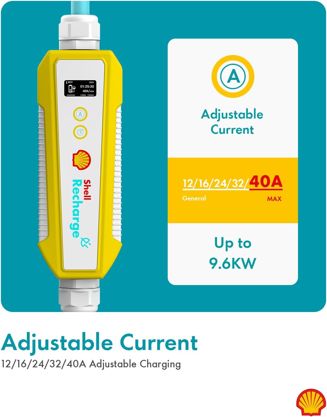 Shell Level 2 EV Charger, 40A ETL Certified Energy Star EV Charger, Home/Outdoor Portable Charging Station Adjustable Current Schedule Time Total Length 24ft Cable Adapter for J1772 Electric Cars