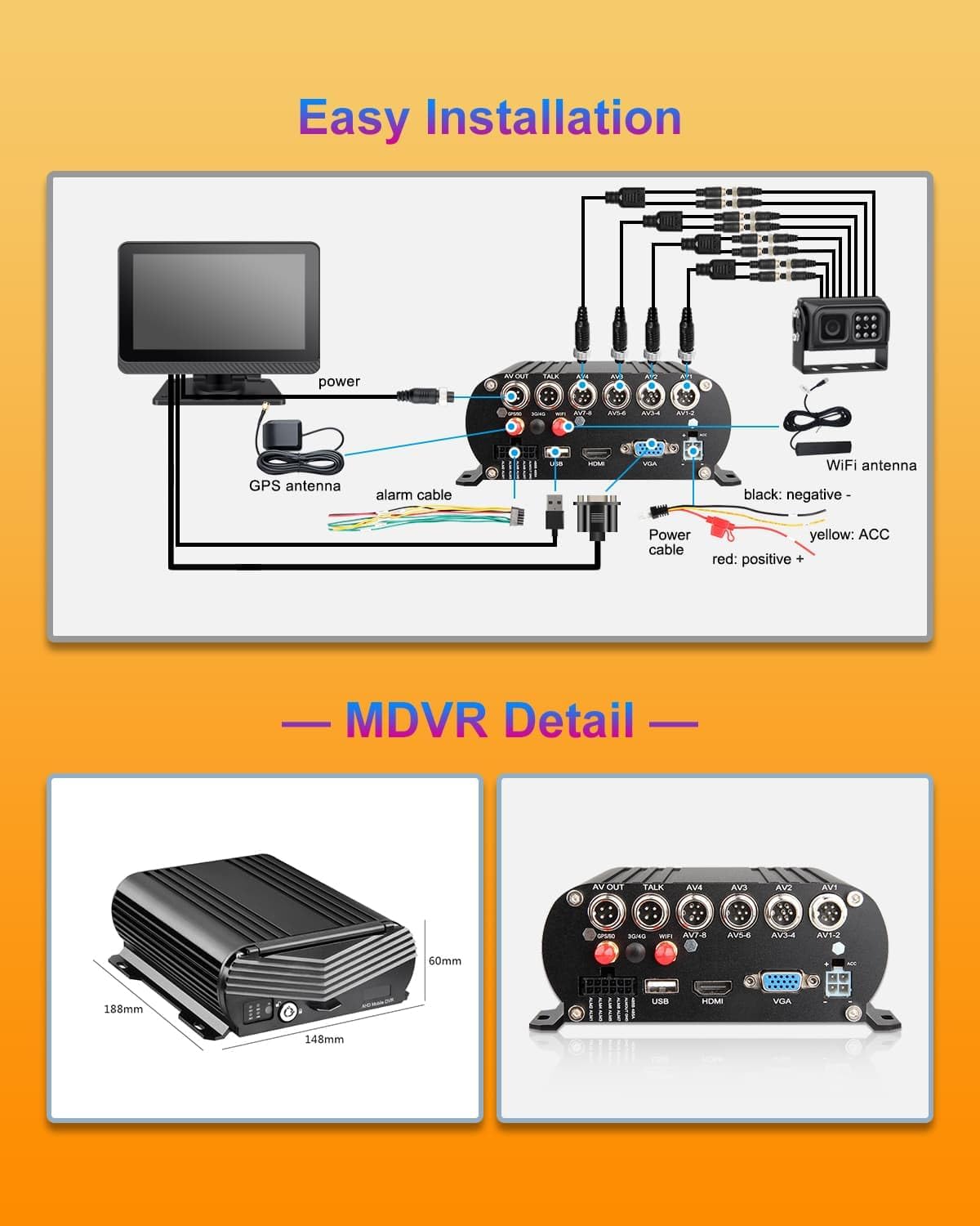 8CH Mobile DVR Monitor Camera System with WiFi Live GPS Tracking HDD MDVR Video Recorder 7" Touch Screen Monitor and 4 1080P Rear Side View Camera Waterproof Night Vision for RV Truck Trailer Tractor