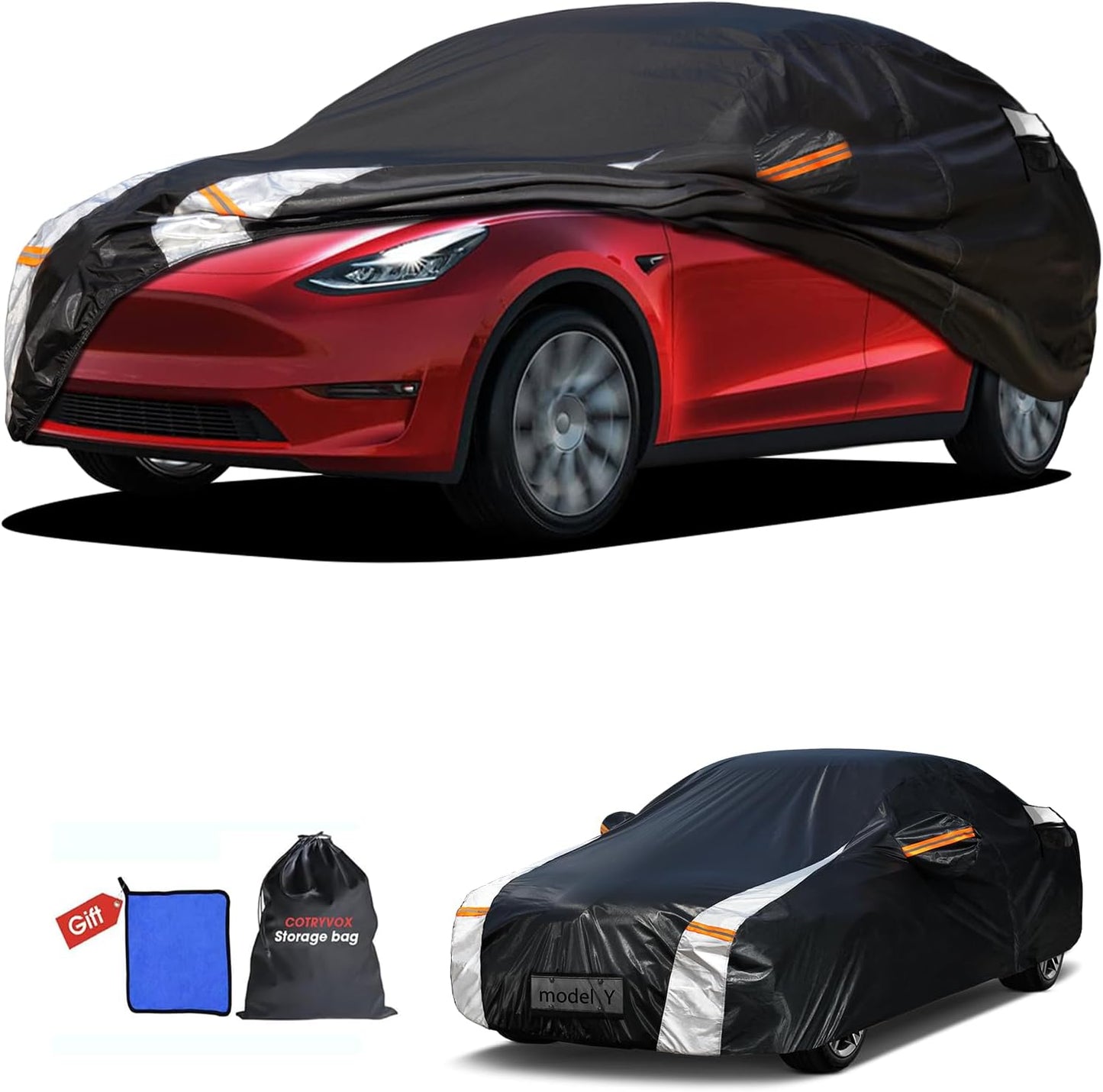 12-Layer Custom Fit Car Cover for Tesla Model Y (2020-2025), Upgraded Waterproof All-Weather Full Exterior Cover with Door Zipper and Charging Port, for Snow Rain Dust and Sun UV Protection-Black.