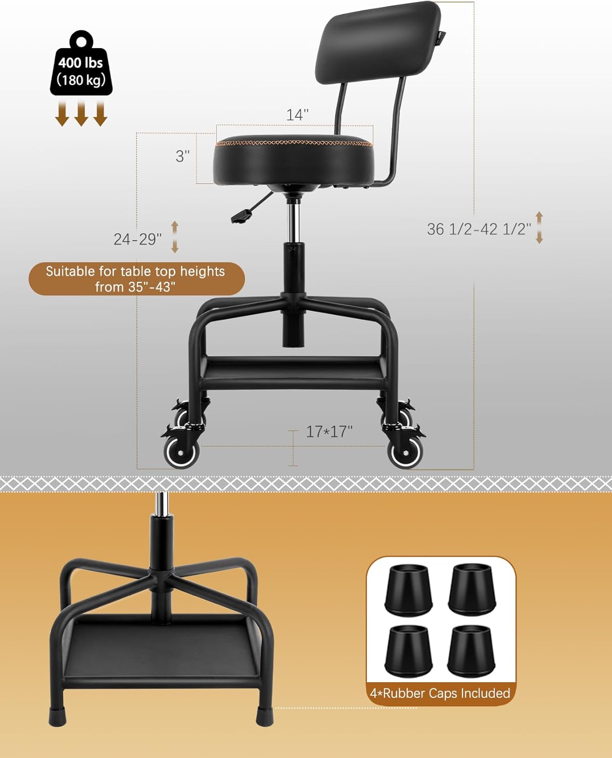 Shop Stool with Lockable Rubber Wheels Adjustable Backrest Tool Tray Storage 400 lb Capacity Rolling Garage Stool (Black)