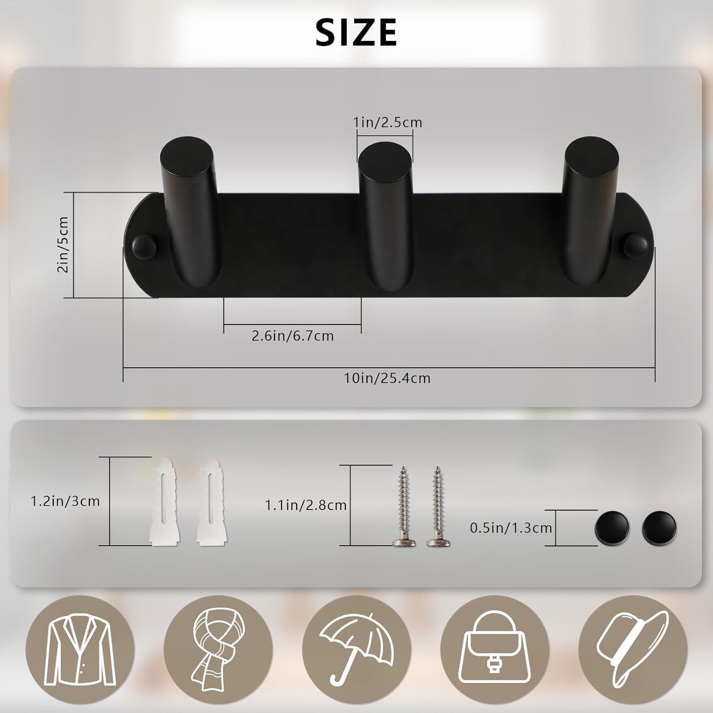 NINETREX Coat Rack Wall Mounted, Black Metal Coat Rack with 3 Coat Hooks Heavy Duty Coat Hanger Hooks Bag Hat Towel Rack for Entryway, Bathroom, Bedroom, Kitchen, and Hallway(Black,Round)