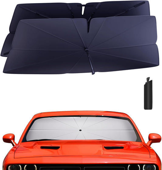 Windshield Sun Shade Umbrella for 2015-2024 Dodge Challenger Accessories: Custom Fit 240T Silver, Double Thickened, Foldable Sunshade Window Sun Visor, Ultimate 99% UV Blocking for SXT, R/T, GT