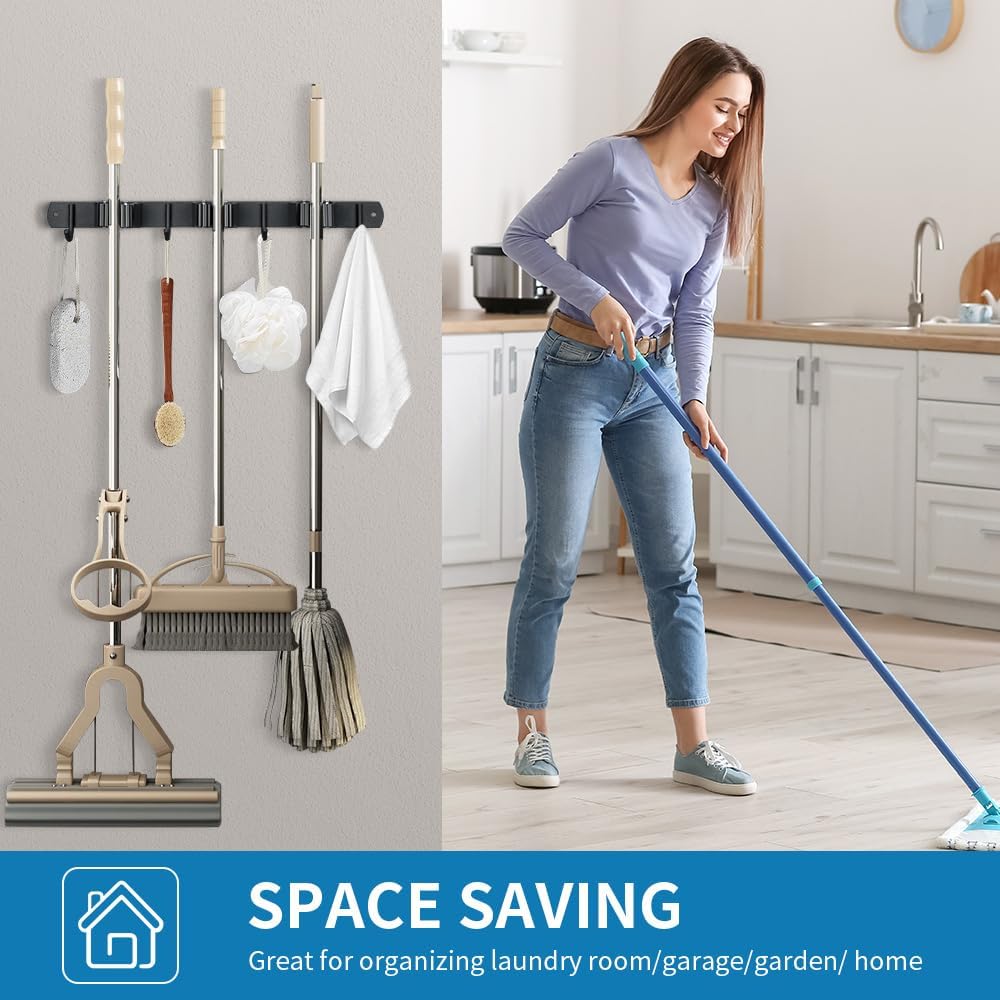 Broom Hanger and Mop Holder, Heavy Duty Garden Tool Organizer Rack Rake and Shovel Handle, Stainless Steel Wall Mounted Utility Rack with Screws (5 Racks with 4 Hooks, Matte Black).