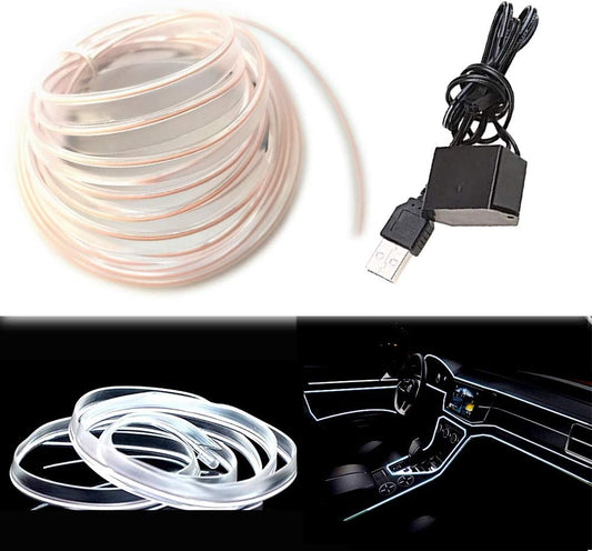 El Wire White Interior Car LED Strip Lights, 10M Neon Wire USB 5V with Fuse Protection for Automotive Interior Decoration, with 6mm Sewing Edge