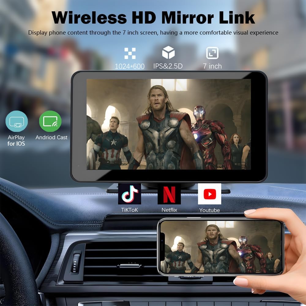 Wireless Carplay Screen for Car 7" Portable Apple Carplay & Android Auto Car Stereo with Backup Camera, GPS Navigation/Mirror Link/Voice Control Siri/Bluetooth FM, AUX for All Vehicles