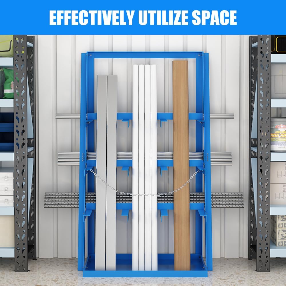 Yeeoy Steel Vertical Bar Rack, Lumber Storage Rack with Safety Chain, Heavy Duty Long Parts Storage Rack, Pipe Organizer Shelf for Garage Workshop Factory, 3000 LB Capacity, Blue