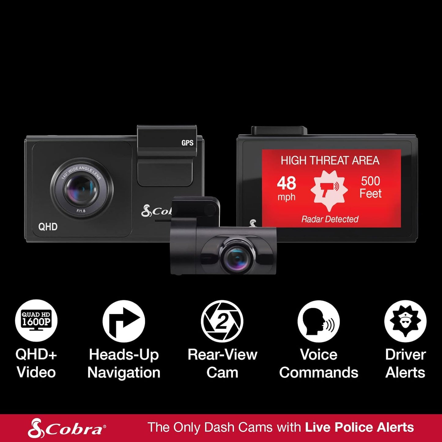 Cobra Smart Dash Cam + Rear Cam (SC 200D) – QHD+ 1600P Resolution, Built-in Wi-Fi & GPS, Voice Commands, Live Police Alerts, Incident Reports, Emergency Mayday, Drive Smarter App, 16GB SD Card Incl.